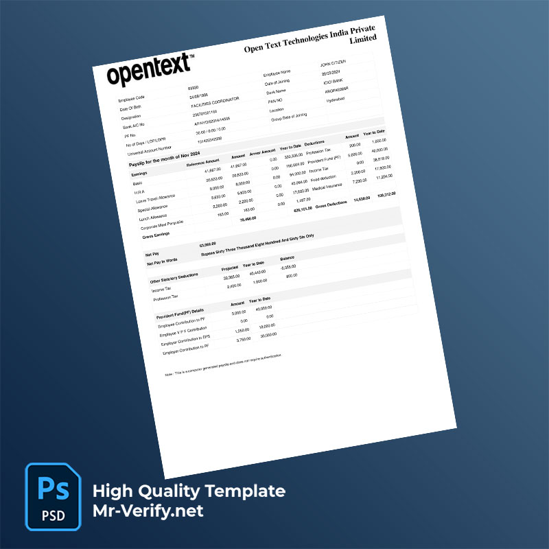 Open Text Technologies India Private Limited payslip word and pdf template Open Text Technologies India Private Limited payslip word and pdf template