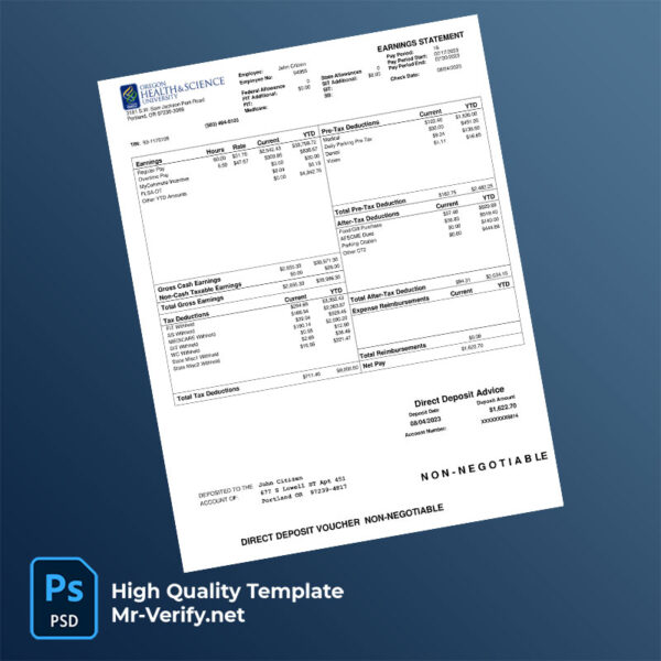 Oregon Health & Science University earning statement word and pdf template