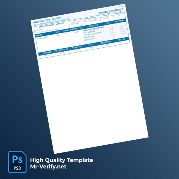 Oxendine Construction earning statement word and pdf template