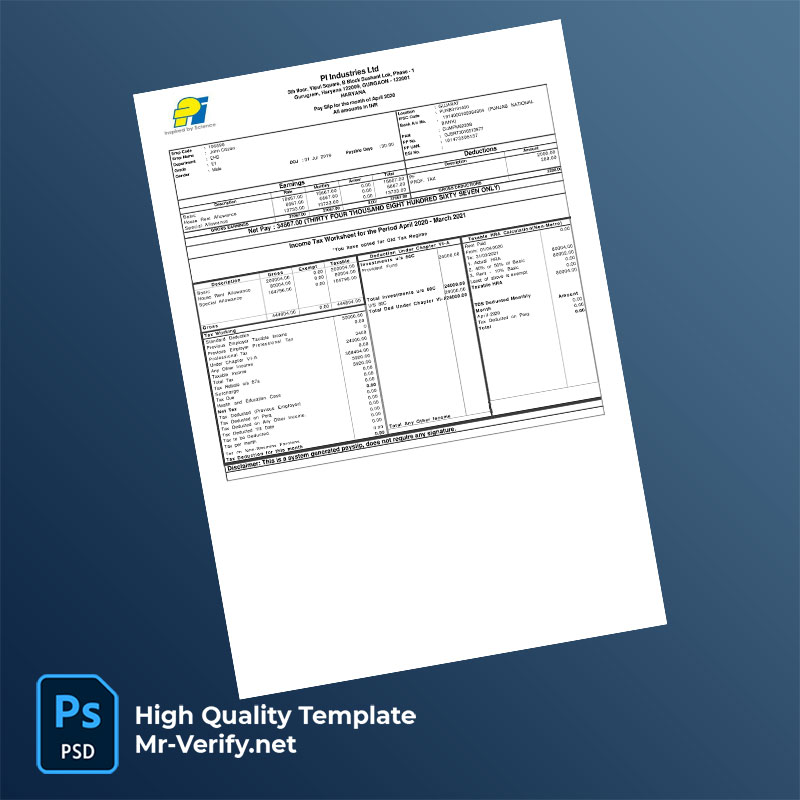 PI Industries Ltd payslip word and pdf template PI Industries Ltd payslip word and pdf template