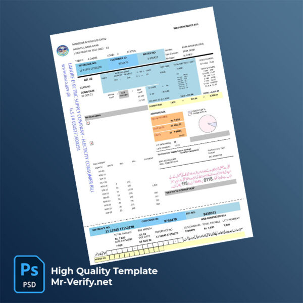Pakistan Lahore Electric Supply Company Editable Electricity Bill Template in Word and PDF formats