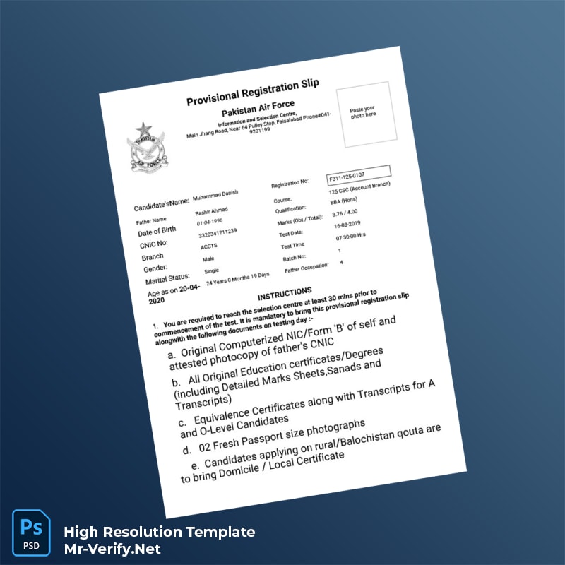 Editable Pakistan Air Force Provisional Registration Slip Word and Pdf Template 2 page Editable Pakistan Air Force Provisional Registration Slip Word and Pdf Template 2 page