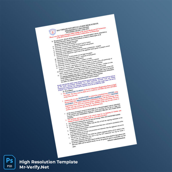 Pakistan Bai Virbajii Soparivala Parsi High School Grade 1 Registration Form Word and Pdf Template 2 page Pakistan Bai Virbajii Soparivala Parsi High School Grade 1 Registration Form Word and Pdf Template 2 page