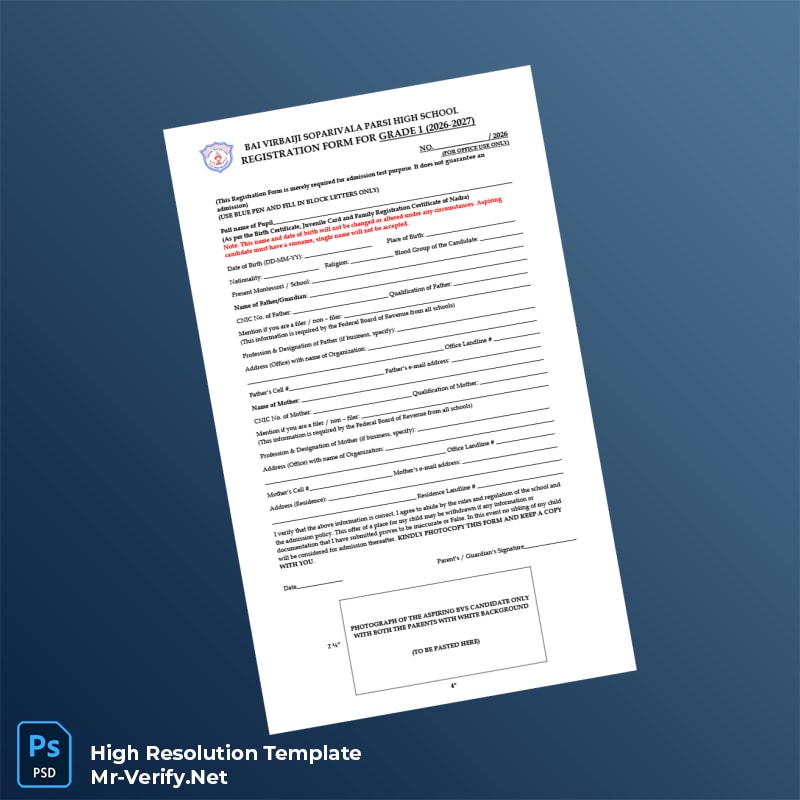 Pakistan Bai Virbajii Soparivala Parsi High School Grade 1 Registration Form Word and Pdf Template 2 page Pakistan Bai Virbajii Soparivala Parsi High School Grade 1 Registration Form Word and Pdf Template 2 page