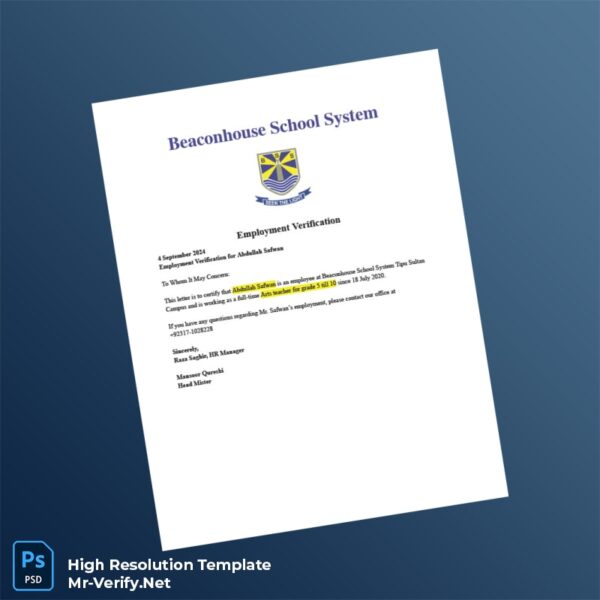 Editable Pakistan Beaconhouse School System Employment Verification Letter Word and Pdf Template