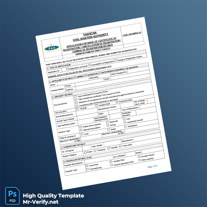 Pakistan Civil Aviation Authority Application for Certificate of Registration Cancellation Change of Registration Details Templa 4 page Pakistan Civil Aviation Authority Application for Certificate of Registration Cancellation Change of Registration Details Templa 4 page