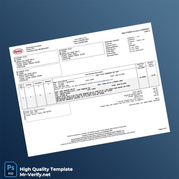 Pakistan Digi-Key Electronics Pro Forma Invoice Template in Word and PDF formats 2 page