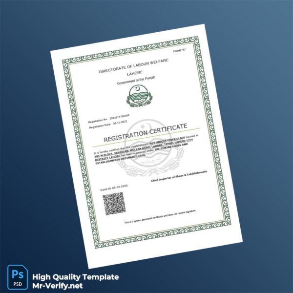 Pakistan Directorate of Labour Welfare Registration Certificate Template in Word and PDF formats Pakistan Directorate of Labour Welfare Registration Certificate Template in Word and PDF formats