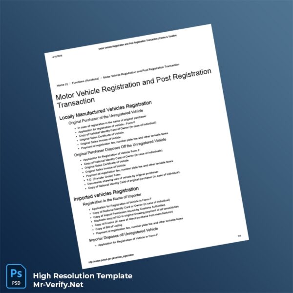 Pakistan Excise and Taxation Department Motor Vehicle Registration Certificate Word and Pdf Template 4 page Pakistan Excise and Taxation Department Motor Vehicle Registration Certificate Word and Pdf Template 4 page