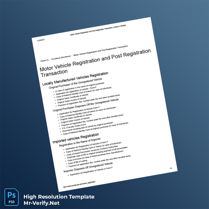 Pakistan Excise and Taxation Department Motor Vehicle Registration Certificate Word and Pdf Template 4 page Pakistan Excise and Taxation Department Motor Vehicle Registration Certificate Word and Pdf Template 4 page