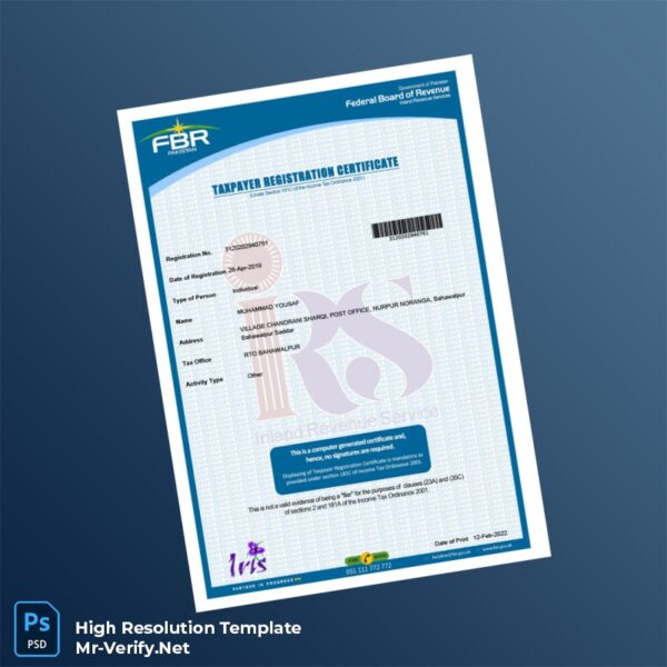 Editable Pakistan Federal Board of Revenue Tax Registration Certificate Word and Pdf Template