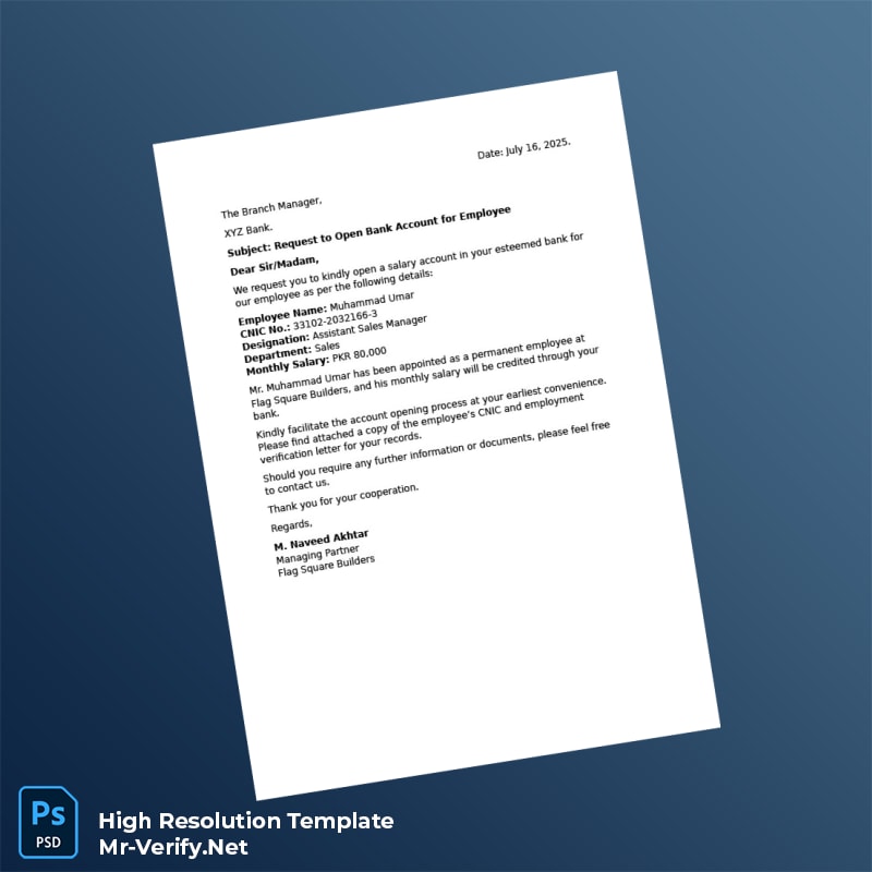 Editable Pakistan Flag Square Builders Request to Open Salary Account Word and Pdf Template Editable Pakistan Flag Square Builders Request to Open Salary Account Word and Pdf Template