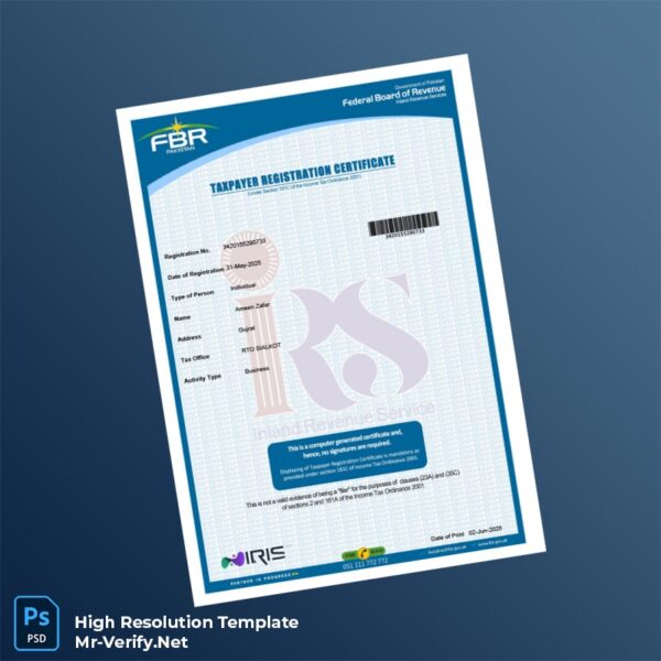 Editable Pakistan IRS Tax Registration Certificate Word and Pdf Template