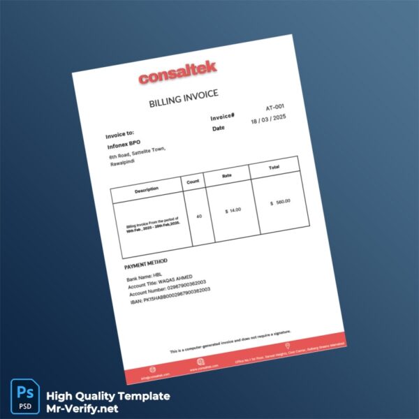 Pakistan Infonex BPO Invoice Template in Word and PDF formats