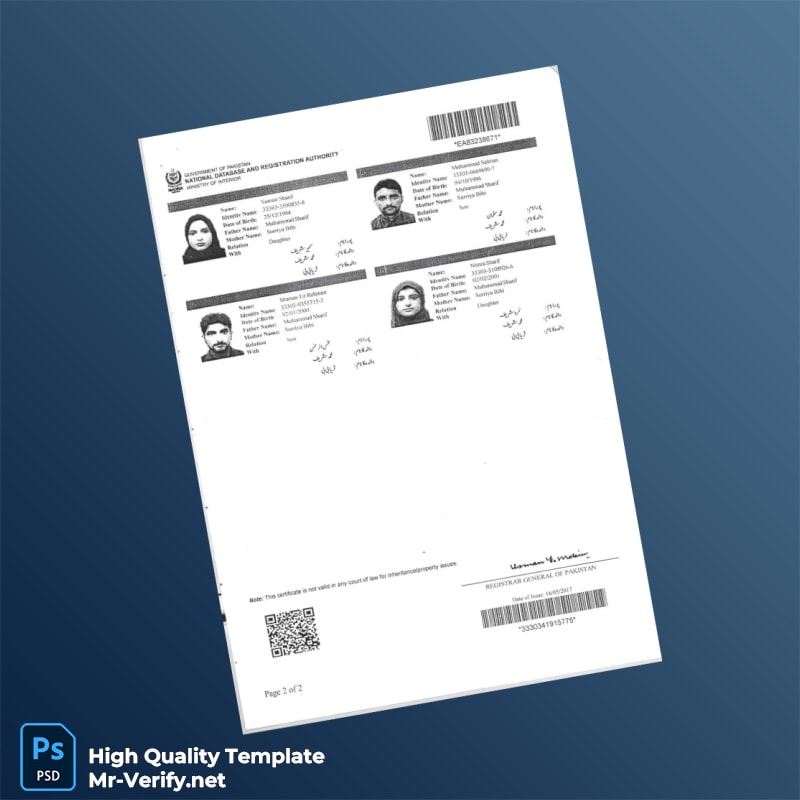 Pakistan NADRA Family Registration Certificate Template in Word and PDF formats 2 page Pakistan NADRA Family Registration Certificate Template in Word and PDF formats 2 page