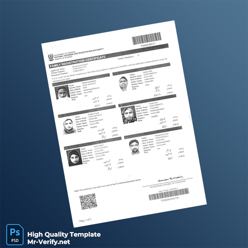 Pakistan NADRA Family Registration Certificate Template in Word and PDF formats 2 page Pakistan NADRA Family Registration Certificate Template in Word and PDF formats 2 page