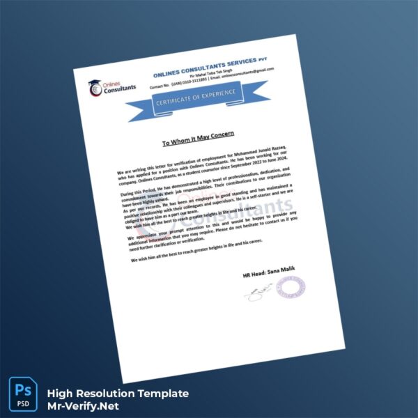 Editable Pakistan Onlines Consultants Employment Verification Letter Word and Pdf Template