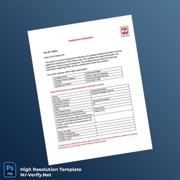 Editable Pakistan Orient Group of Companies Employment Verification Letter Word and Pdf Template