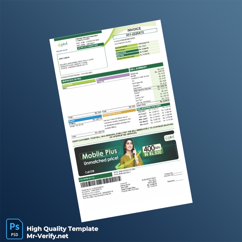 Pakistan PTCL Invoice Template in Word and PDF formats 2 page Pakistan PTCL Invoice Template in Word and PDF formats 2 page