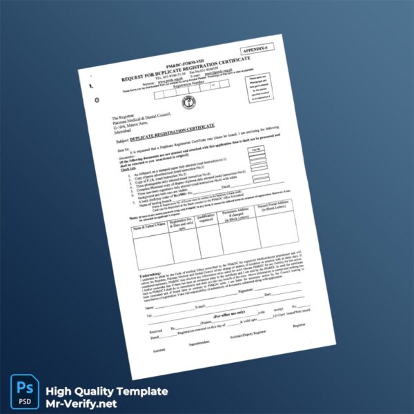 Pakistan Pakistan Medical Dental Council Duplicate Registration Certificate Template in Word and PDF formats 2 page Pakistan Pakistan Medical Dental Council Duplicate Registration Certificate Template in Word and PDF formats 2 page