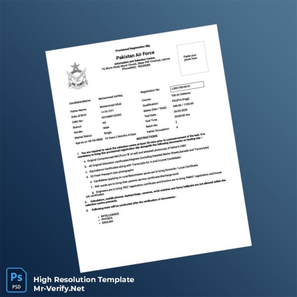 Editable Pakistan Provisional Registration Slip for Air Force Entrance Exam
