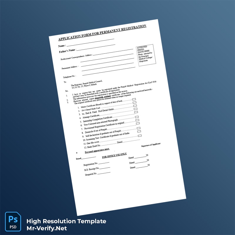 Editable Pakistan Punjab Medical Council Application Form for Permanent Registration Word and Pdf Template 6 page Editable Pakistan Punjab Medical Council Application Form for Permanent Registration Word and Pdf Template 6 page