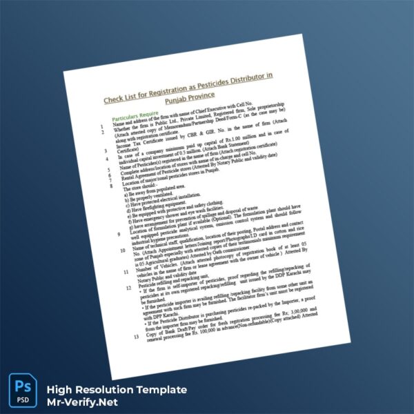 Editable Pakistan Punjab Pesticide Distribution Registration Certificate Word and Pdf Template 2 page Editable Pakistan Punjab Pesticide Distribution Registration Certificate Word and Pdf Template 2 page