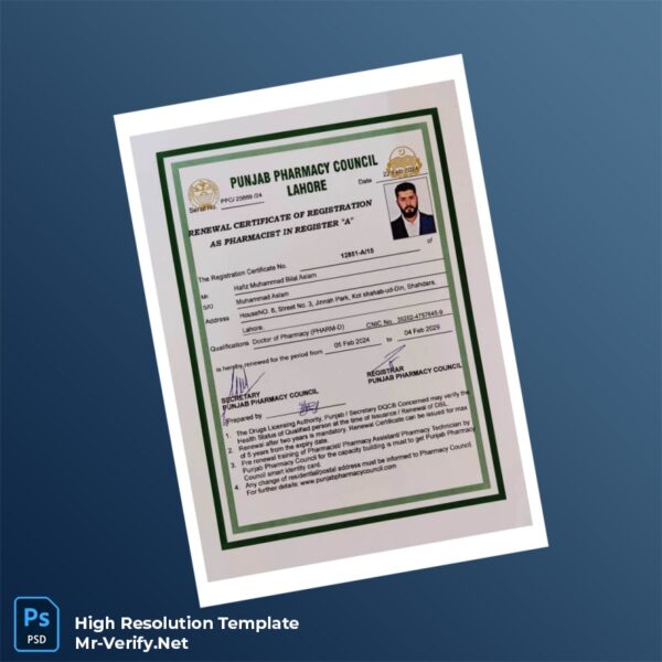 Pakistan Punjab Pharmacy Council Renewal Registration Certificate Word and Pdf Template 2 page Pakistan Punjab Pharmacy Council Renewal Registration Certificate Word and Pdf Template 2 page