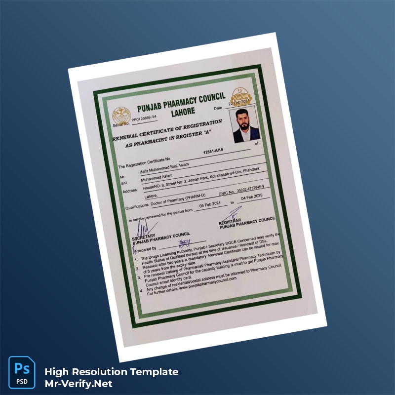 Pakistan Punjab Pharmacy Council Renewal Registration Certificate Word and Pdf Template 2 page Pakistan Punjab Pharmacy Council Renewal Registration Certificate Word and Pdf Template 2 page