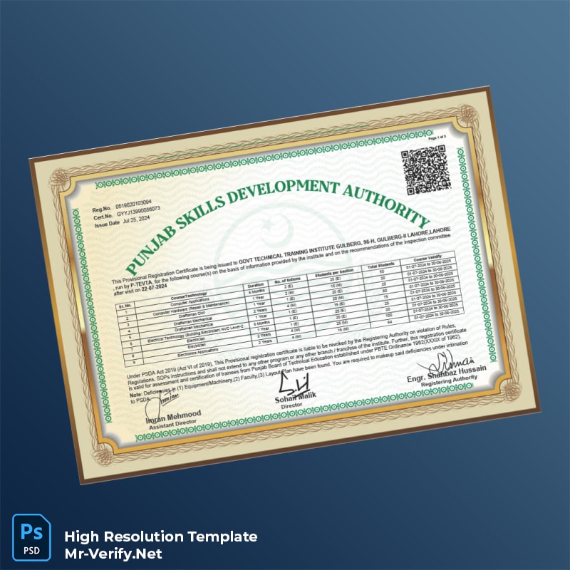 Editable Pakistan Punjab Skills Development Authority Provisional Registration Certificate Word and Pdf Template 3 page Editable Pakistan Punjab Skills Development Authority Provisional Registration Certificate Word and Pdf Template 3 page