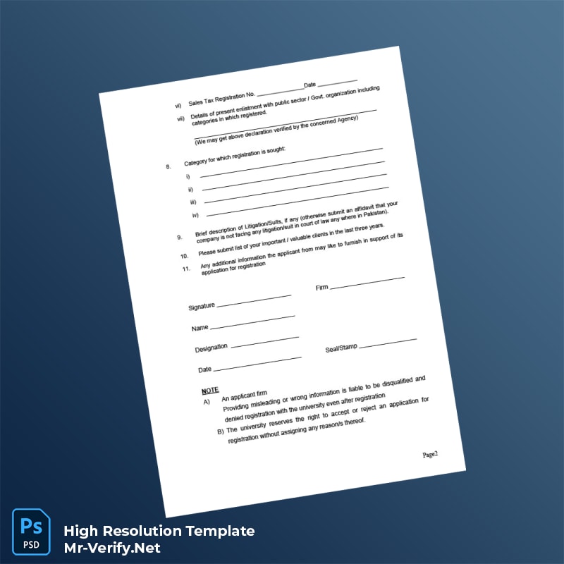 Editable Pakistan Sir Syed University of Engineering Technology Supplier Registration Form Word and Pdf Template 3 page Editable Pakistan Sir Syed University of Engineering Technology Supplier Registration Form Word and Pdf Template 3 page