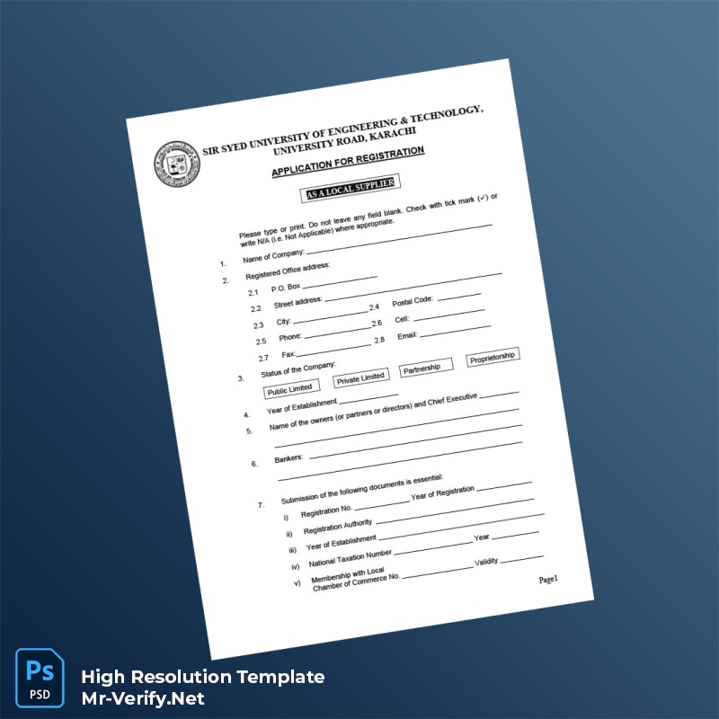 Editable Pakistan Sir Syed University of Engineering Technology Supplier Registration Form Word and Pdf Template 3 page Editable Pakistan Sir Syed University of Engineering Technology Supplier Registration Form Word and Pdf Template 3 page