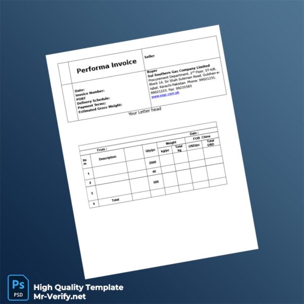 Pakistan Sui Southern Gas Company Limited Performa Invoice Template in Word and PDF formats 2 page