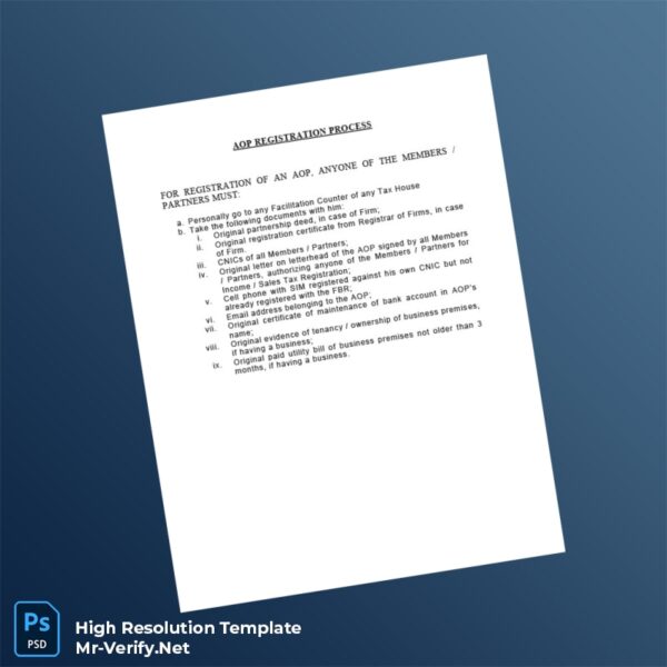 Editable Pakistan Tax Authority AOP Registration Certificate Word and Pdf Template