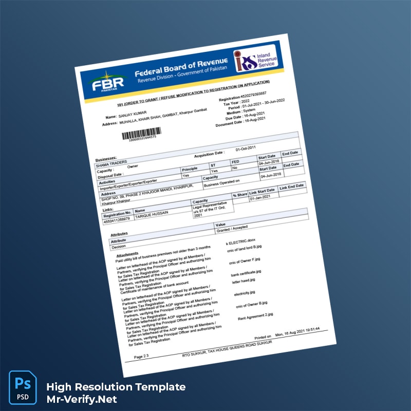 Editable Pakistan Tax Authority Registration Certificate Word and Pdf Template 3 page Editable Pakistan Tax Authority Registration Certificate Word and Pdf Template 3 page