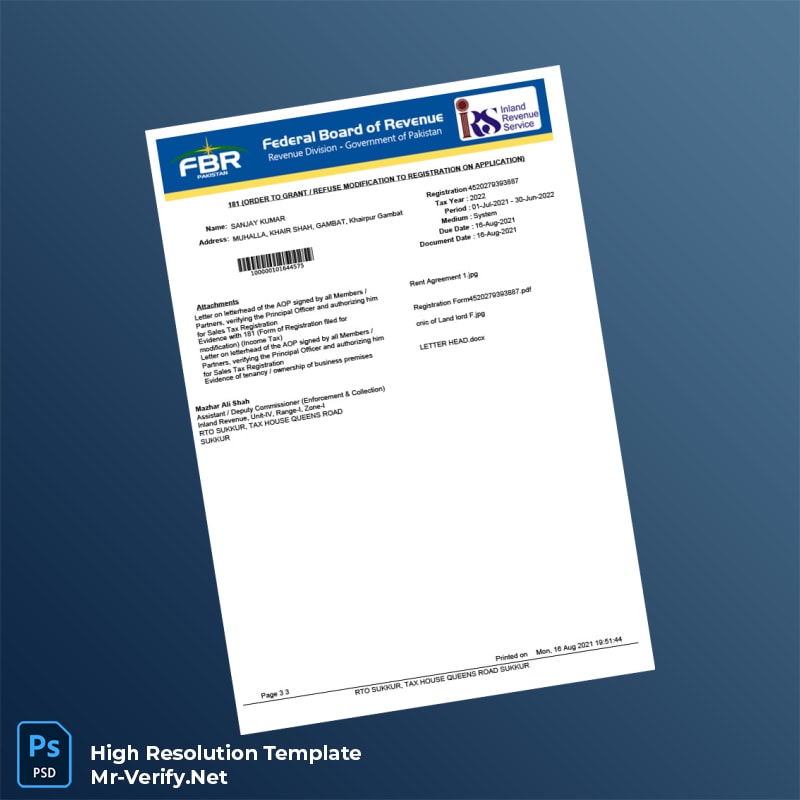 Editable Pakistan Tax Authority Registration Certificate Word and Pdf Template 3 page Editable Pakistan Tax Authority Registration Certificate Word and Pdf Template 3 page
