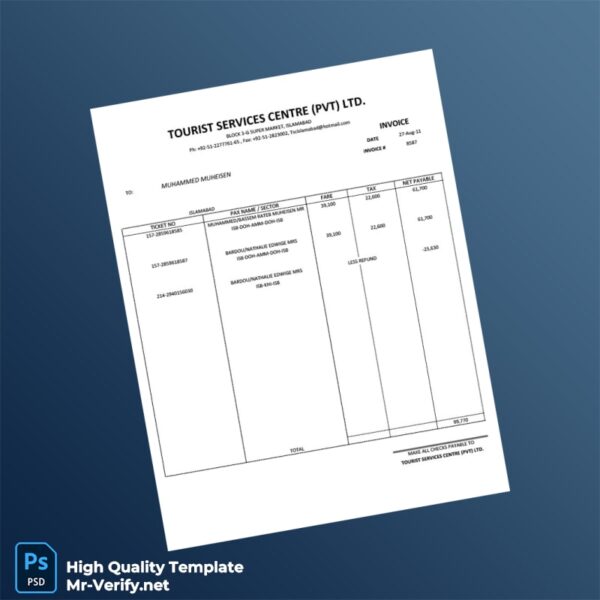Pakistan Tourist Services Centre Invoice Template in Word and PDF formats Pakistan Tourist Services Centre Invoice Template in Word and PDF formats