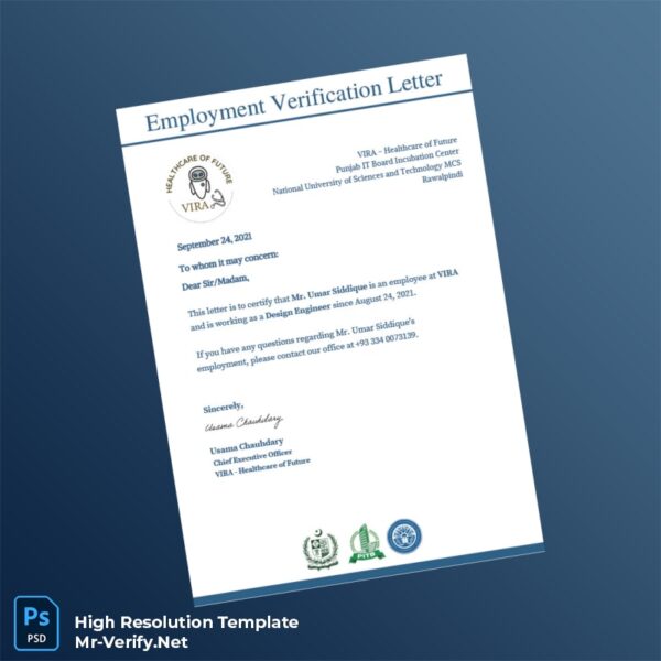 Editable Pakistan VIRA – Healthcare of Future Employment Verification Letter Word and Pdf Template Editable Pakistan VIRA – Healthcare of Future Employment Verification Letter Word and Pdf Template