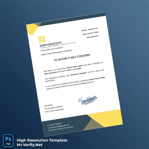 Editable Pakistan Zaim Associate Employment Verification Letter Word and Pdf Template Editable Pakistan Zaim Associate Employment Verification Letter Word and Pdf Template