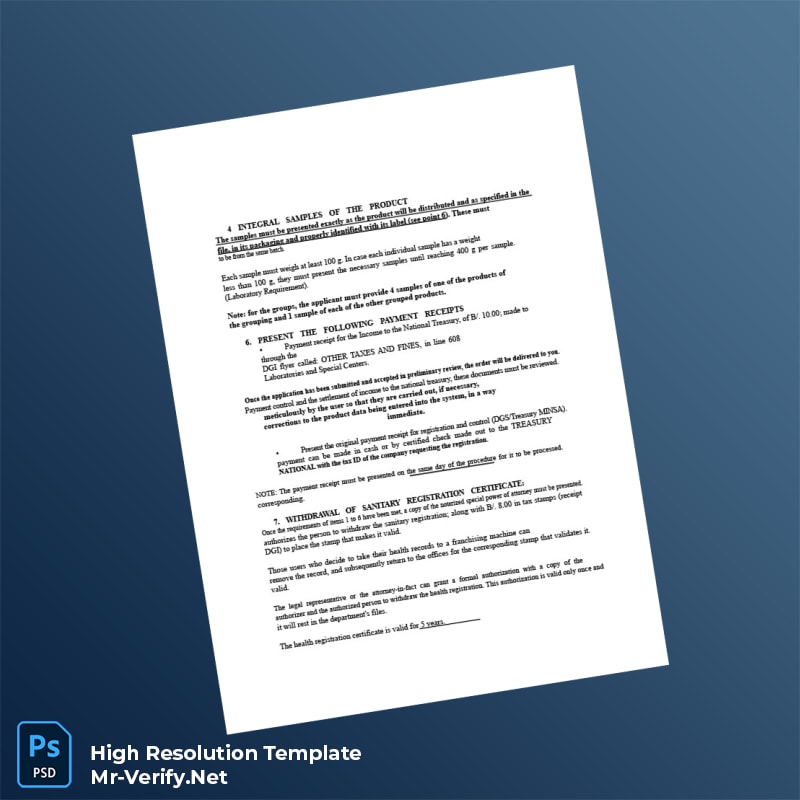 Editable Panama Ministry of Health Food Sanitary Registration Certificate Word and Pdf Template 6 page Editable Panama Ministry of Health Food Sanitary Registration Certificate Word and Pdf Template 6 page