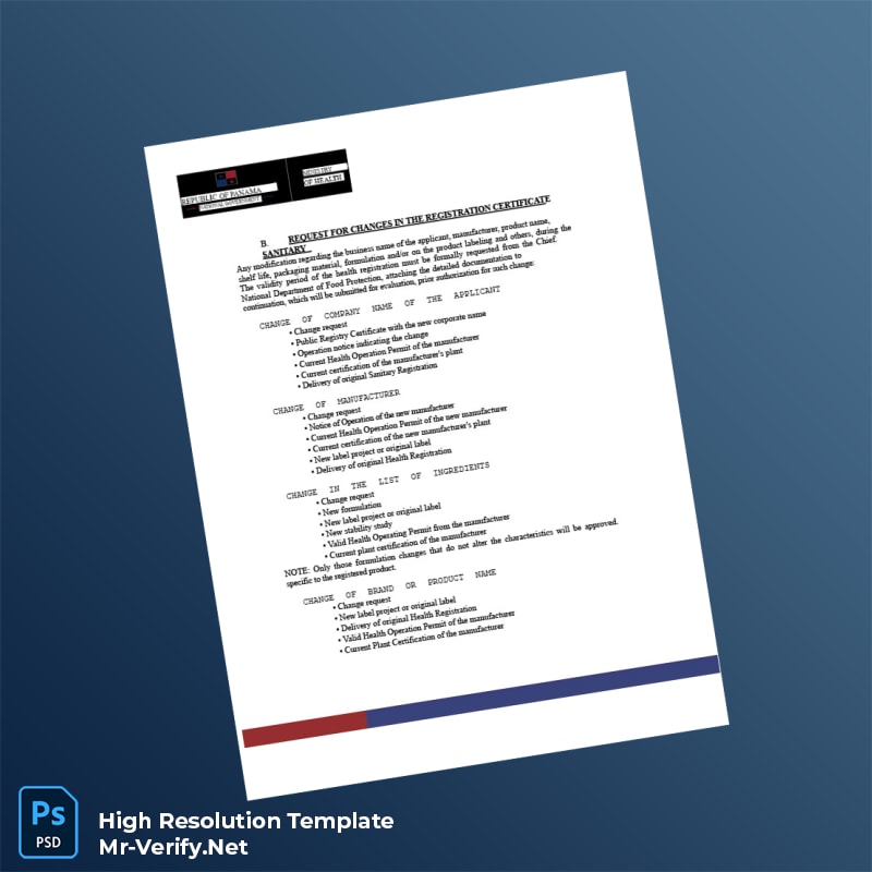 Editable Panama Ministry of Health Food Sanitary Registration Certificate Word and Pdf Template 6 page Editable Panama Ministry of Health Food Sanitary Registration Certificate Word and Pdf Template 6 page