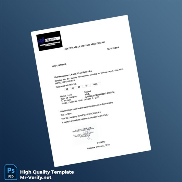 Peru DIGEMID Certificate of Sanitary Registration Template in Word and PDF formats 5 page Peru DIGEMID Certificate of Sanitary Registration Template in Word and PDF formats 5 page