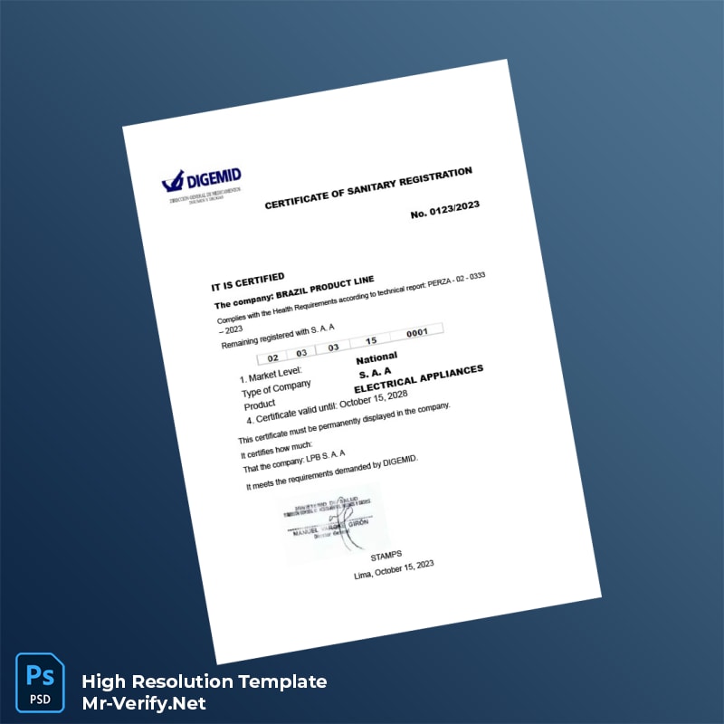 Peru DIGEMID Sanitary Registration Certificate Word and Pdf Template Peru DIGEMID Sanitary Registration Certificate Word and Pdf Template