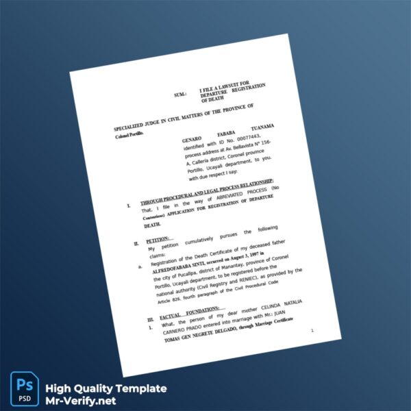 Peru RENIEC Death Certificate Registration Application Template in Word and PDF formats 4 page Peru RENIEC Death Certificate Registration Application Template in Word and PDF formats 4 page