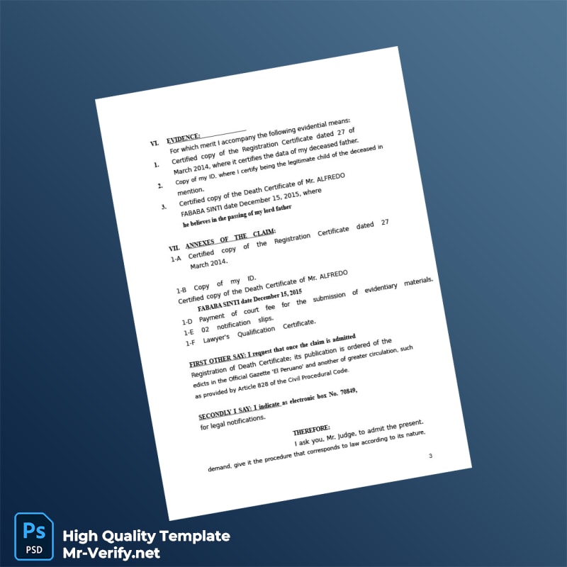 Peru RENIEC Death Certificate Registration Application Template in Word and PDF formats 4 page Peru RENIEC Death Certificate Registration Application Template in Word and PDF formats 4 page
