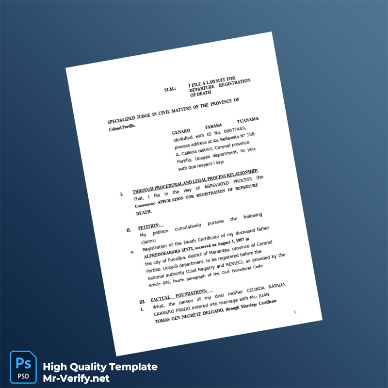 Peru RENIEC Death Certificate Registration Application Template in Word and PDF formats 4 page Peru RENIEC Death Certificate Registration Application Template in Word and PDF formats 4 page