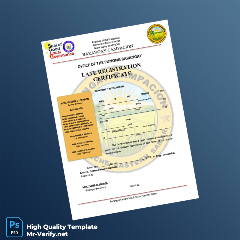 Philippines Barangay Campacion Late Registration Certificate Template in Word and PDF formats 2 page Philippines Barangay Campacion Late Registration Certificate Template in Word and PDF formats 2 page