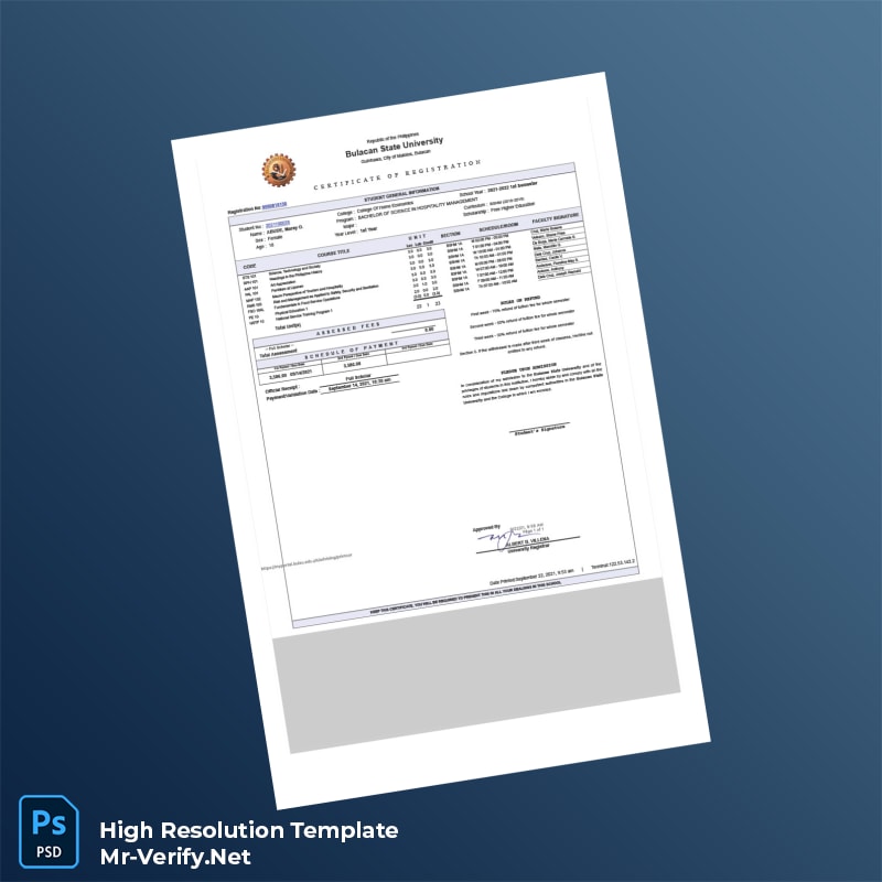 Editable Philippines Bulacan State University Certificate of Registration Word and Pdf Template Editable Philippines Bulacan State University Certificate of Registration Word and Pdf Template