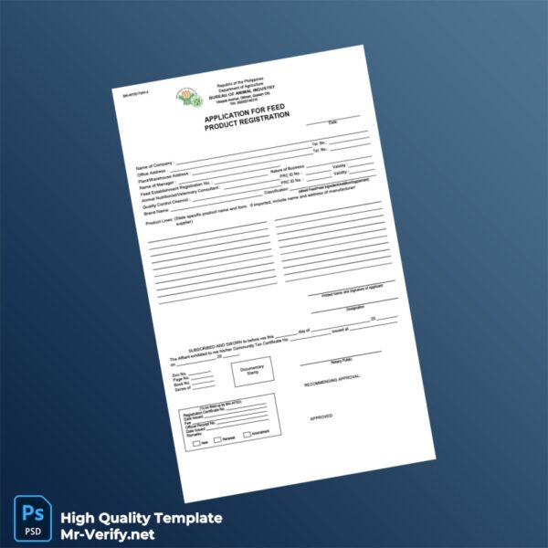 Philippines Bureau of Animal Industry Feed Product Registration Certificate Template in Word and PDF formats 2 page