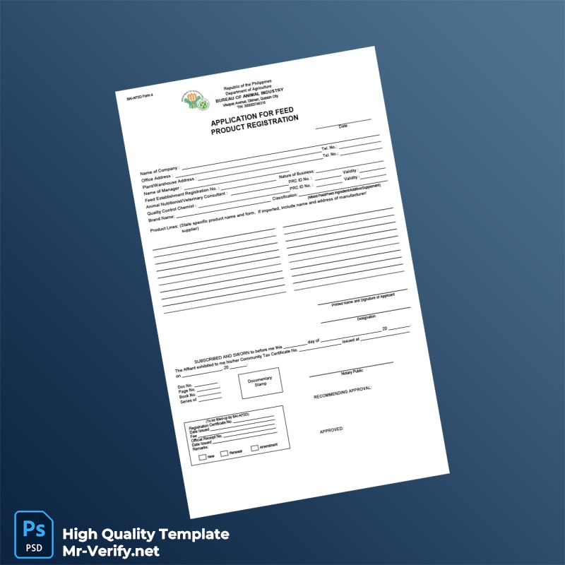 Philippines Bureau of Animal Industry Feed Product Registration Certificate Template in Word and PDF formats 2 page Philippines Bureau of Animal Industry Feed Product Registration Certificate Template in Word and PDF formats 2 page